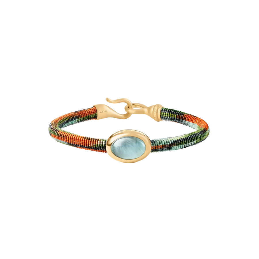 Life Cabochon Aquamarine Velvet Bracelet in 18K Yellow Gold and Hand Knotted Rope