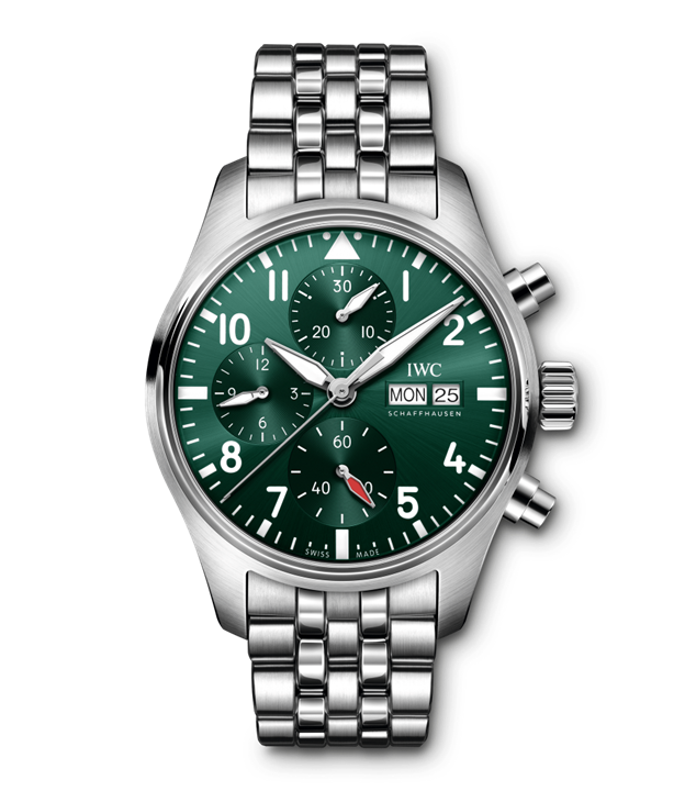 41mm Pilot's Chronograph Watch with Green Dial in Stainless Steel, Bracelet