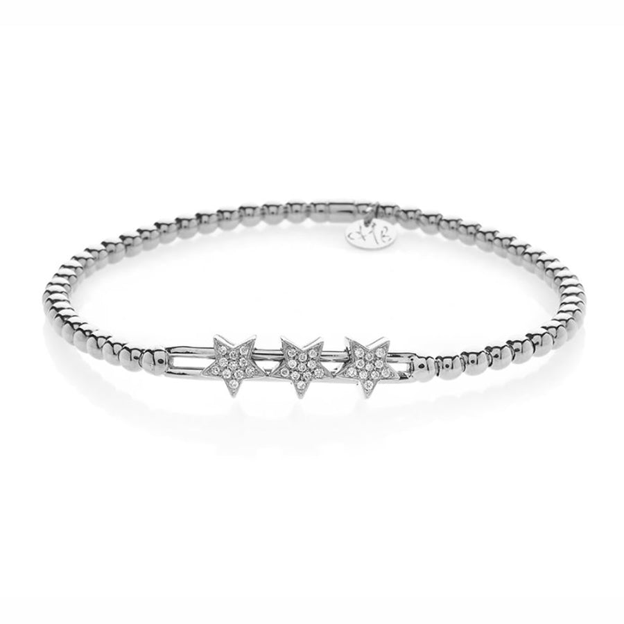 Tresore 0.13ct Diamond Double Bar Sliding Star Station Beaded Stretch Bracelet in 18K White Gold
