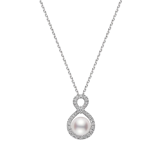 Ruyi 8mm A+ Akoya Pearl and 0.21ct Diamond Pendant in 18K White Gold, 18" chain