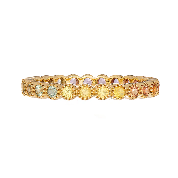 0.90ct Rainbow Sapphire Bezel Band in 18K Yellow Gold, Size 6.5