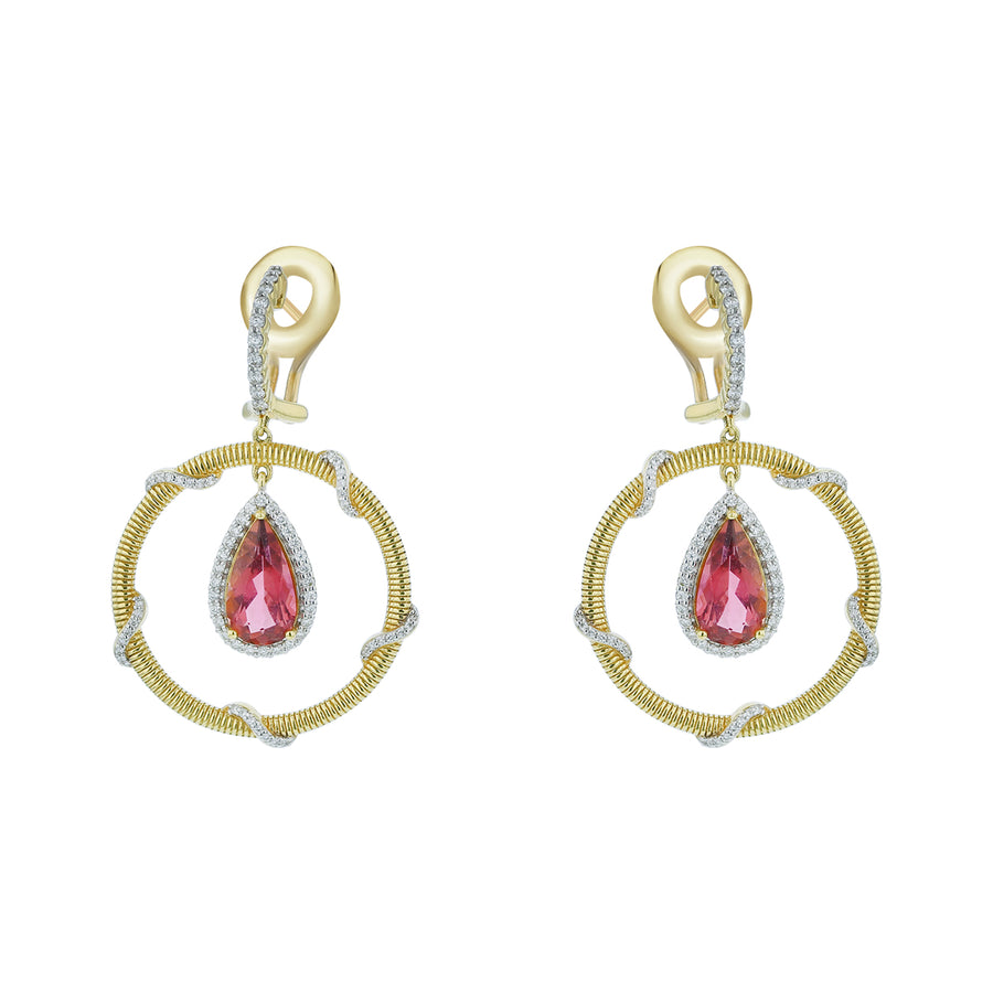 6.00ct Pear Shape Pink Tourmaline and 2.23ct Diamond 2.23ct Drop Earrings in 18K Yellow Gold