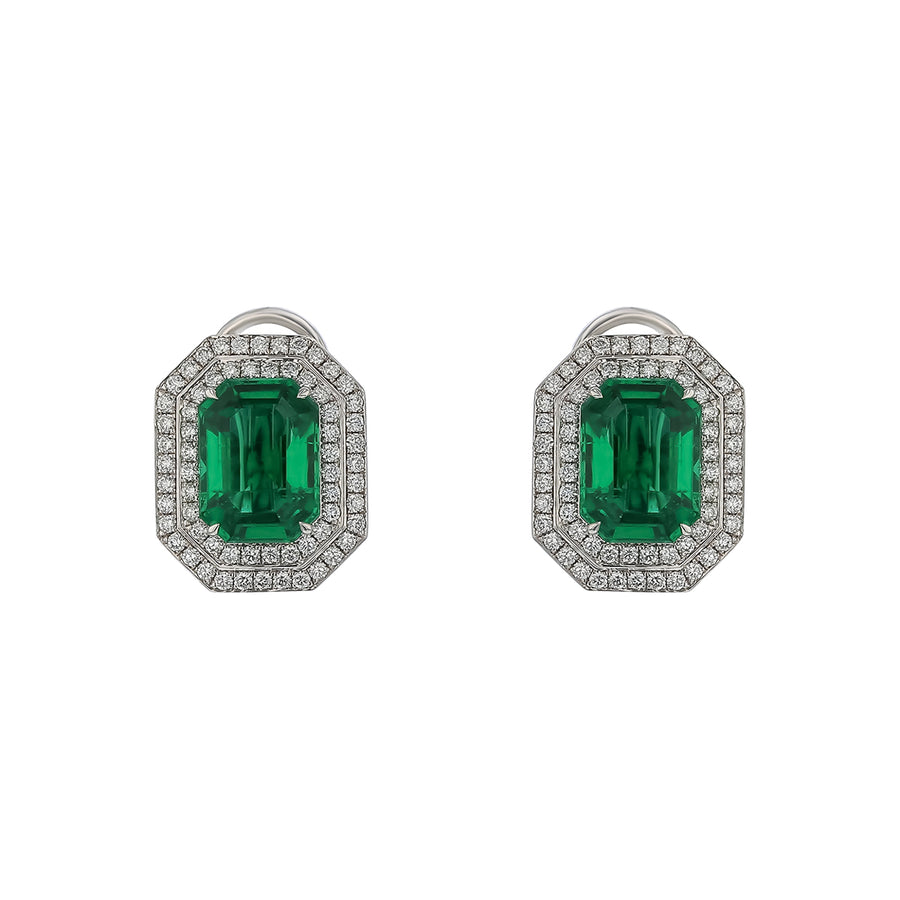5.40ct Zambian Emerald and 0.80ct Diamond Double Halo Stud Earrings in 18K White Gold