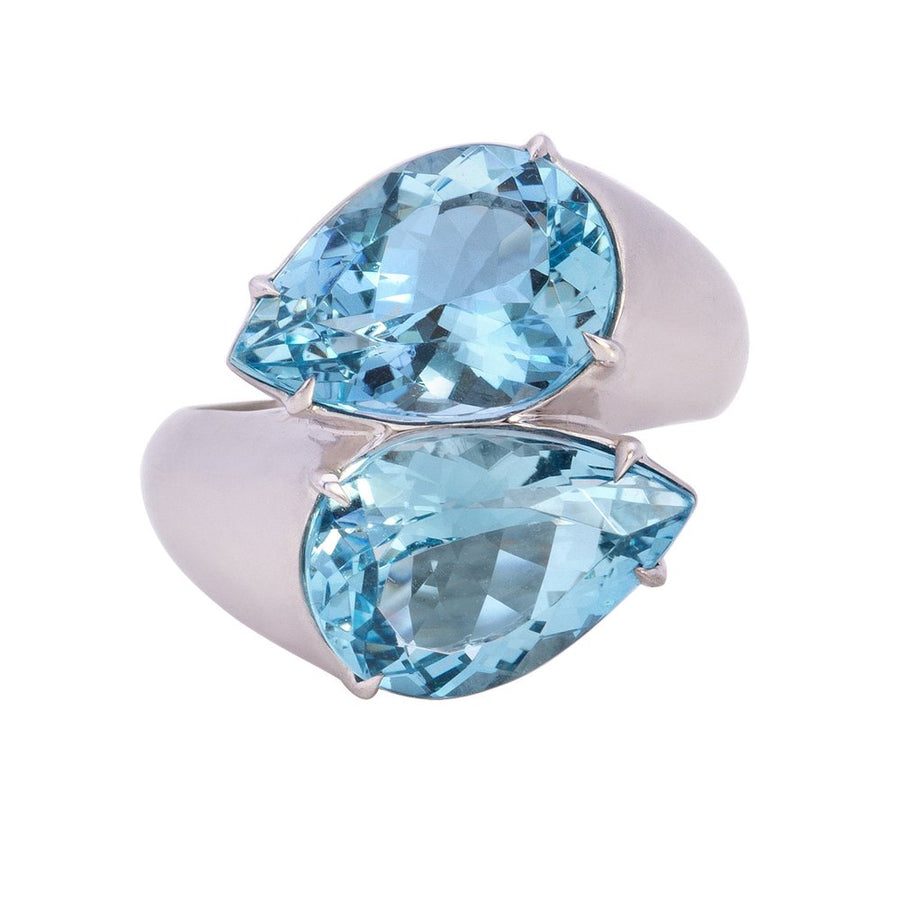 6.75ct Pear Aquamarine Satin Finish Bypass Ring in 18K White Gold, size 6