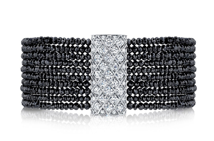 Artisan Pave Criss Cross 60.32ct Black Diamond Beads and 1.06ct Diamond Stripe Bracelet in 18K White Gold