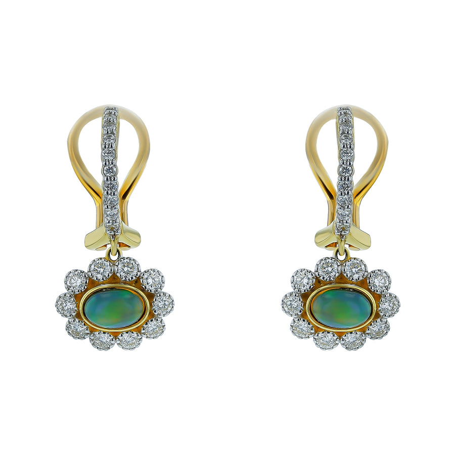 0.82ct Diamond G/SI and Ethiopian Opal Drop Earrings in 18K Yellow Gold