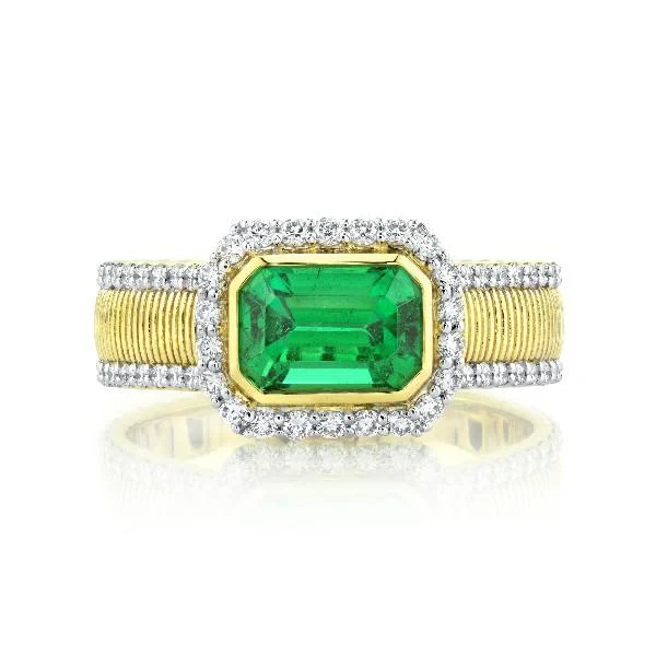 1.50ct Emerald Cut Emerald and 0.58ct Diamond Halo Ring in 18K Yellow Gold, size 6.5