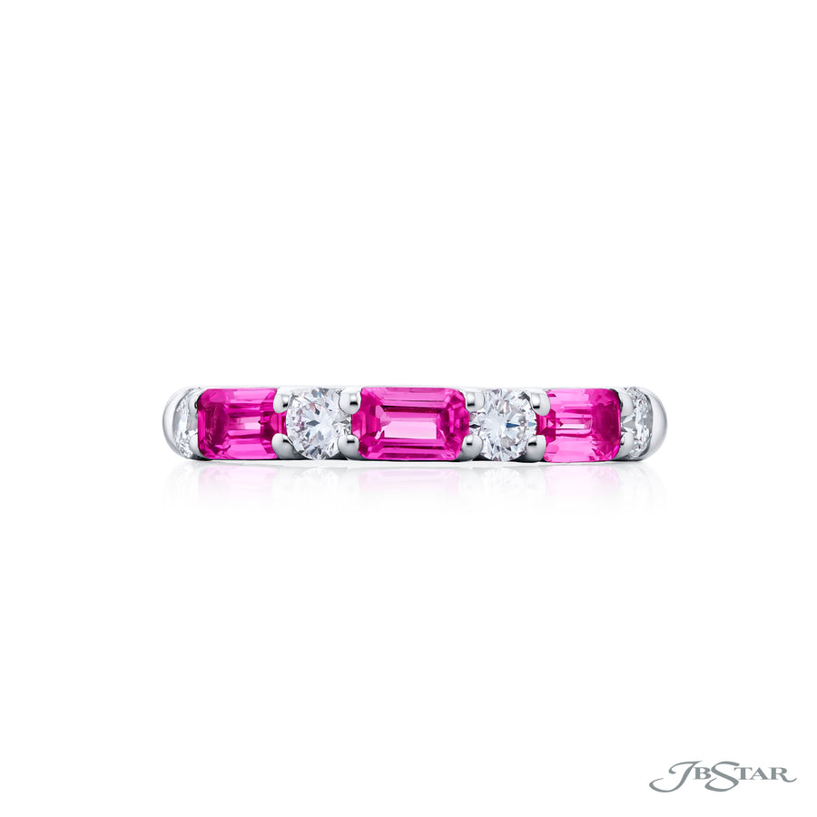0.98ct Emerald Cut Pink Sapphire and Round Diamond E-W Partway Band in Platinum