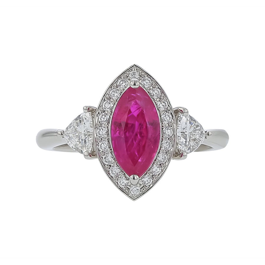 1.90ct Marquise Ruby GIA (Heated) 0.59ct Trillion and 0.14ct Round Diamond Halo Ring in Platinum, size 6.25