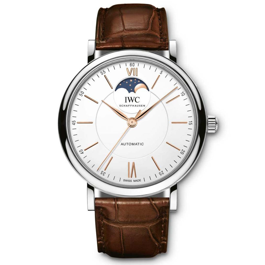 40mm Portofino Moon Phase Watch with Silver Dial in Stainless Steel, Strap