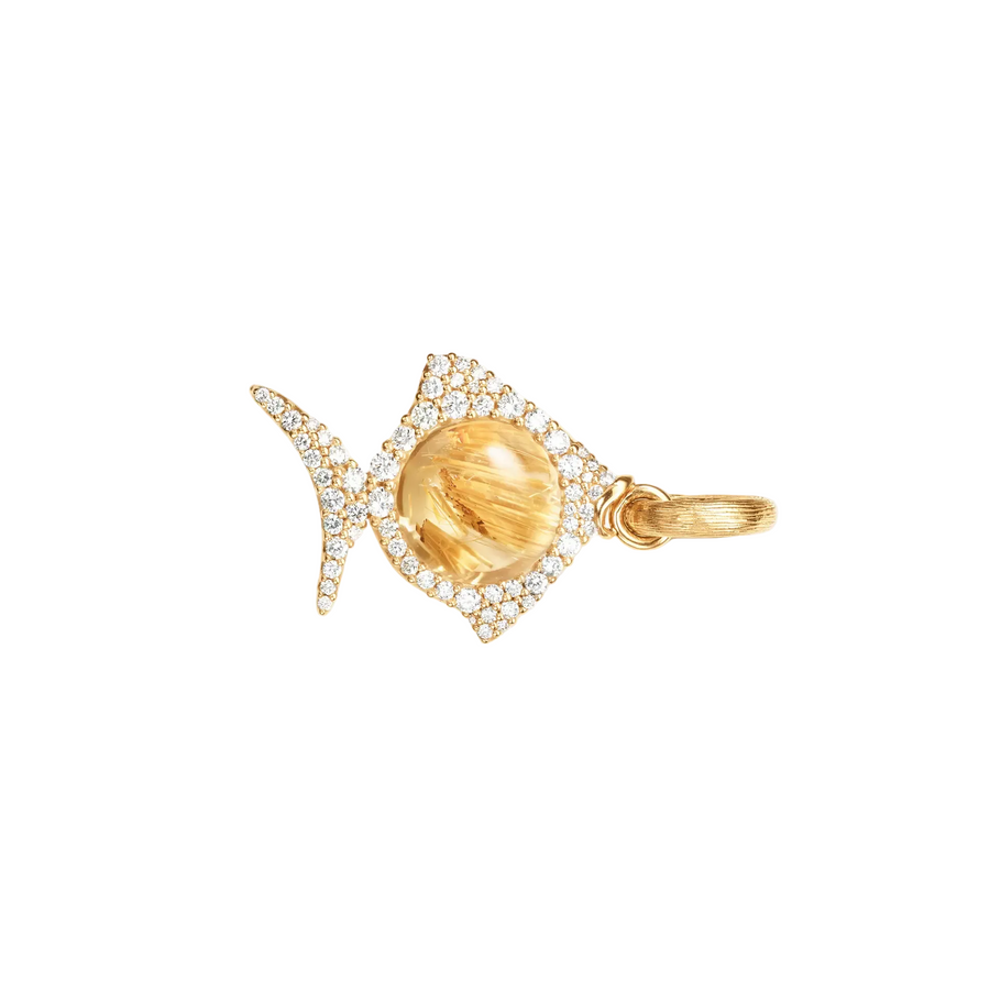 Young Fish Rutile and 0.32ct Diamond Charm in 18K Yellow Gold, without chain
