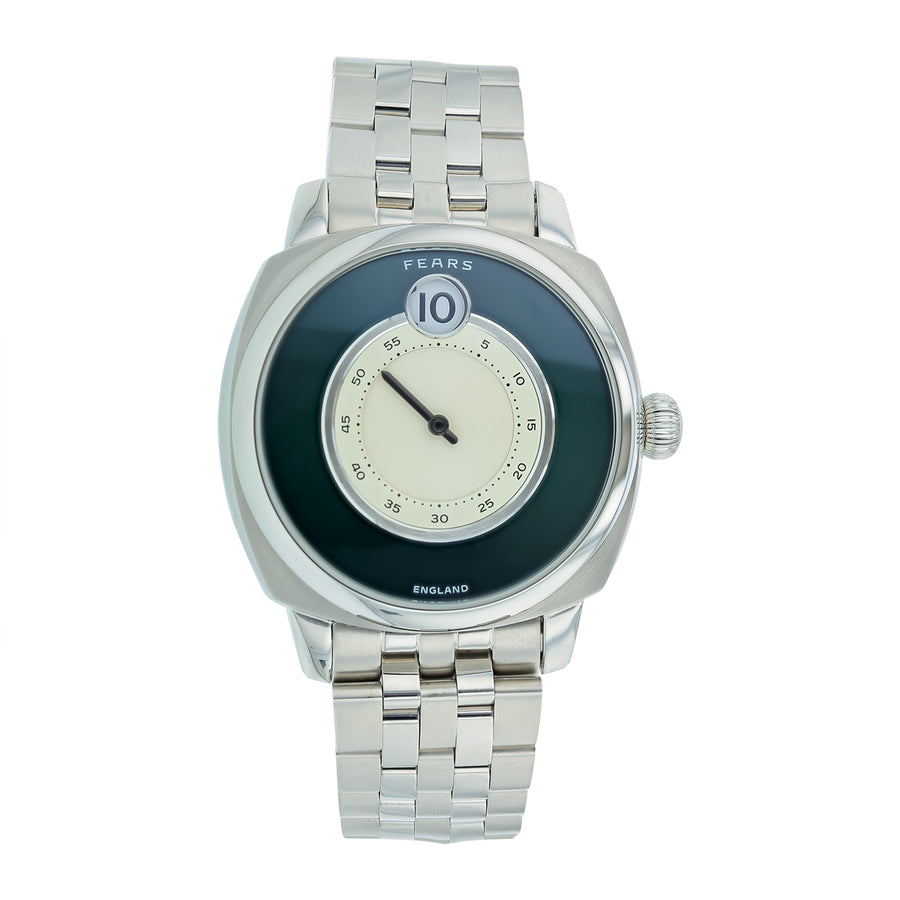 40mm Fears Brunswick Jump Hour Watch with Green and White Dial in Stainless Steel, Bracelet