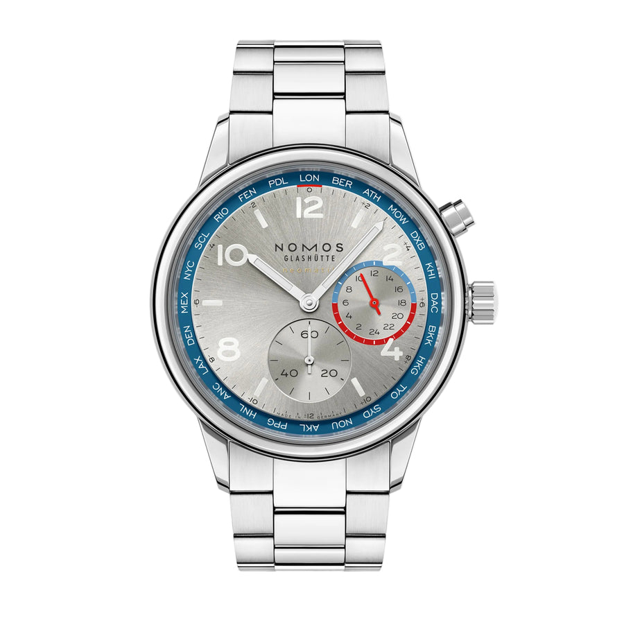 40mm Club Sport Neomatik Worldtimer Watch with Galvanized Dial in Stainless Steel, Bracelet