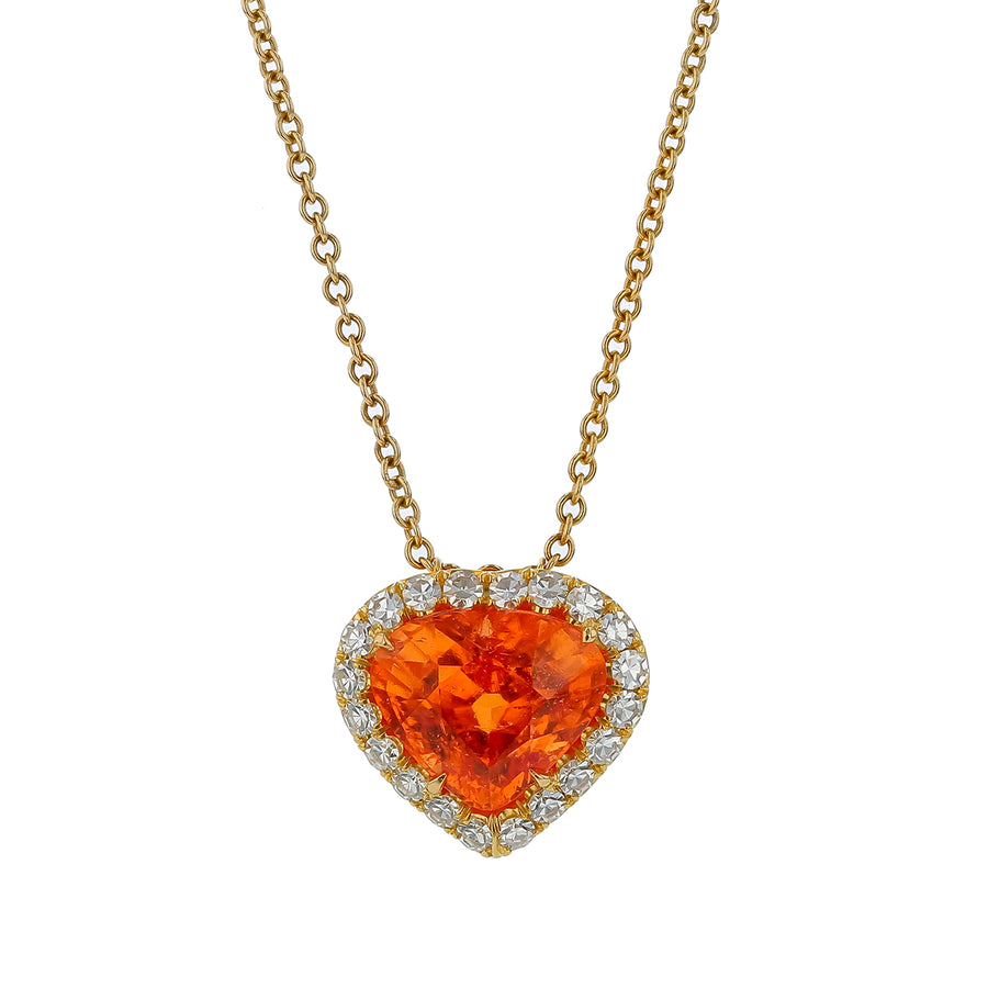 8.34ct Orange Heart Garnet and Diamond Halo Pendant in 18K Yellow Gold, 18"
