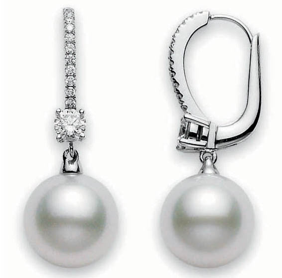 11mm A+ White South Sea Pearl and 0.52ct Diamond Dangle Earrings in 18K White Gold