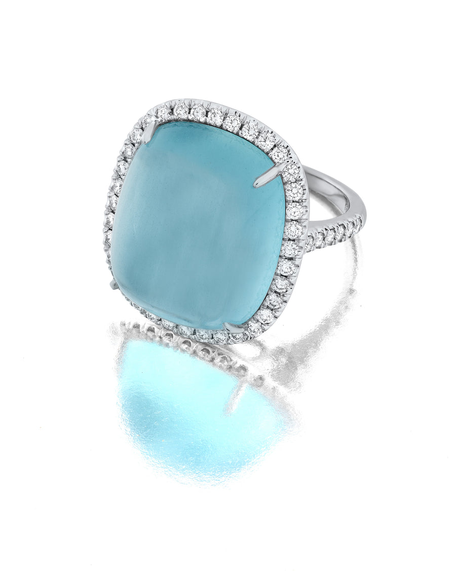 23.57ct Cabochon Aquamarine and 0.73ct Diamond Halo Ring in 18K White Gold, Size 6.5
