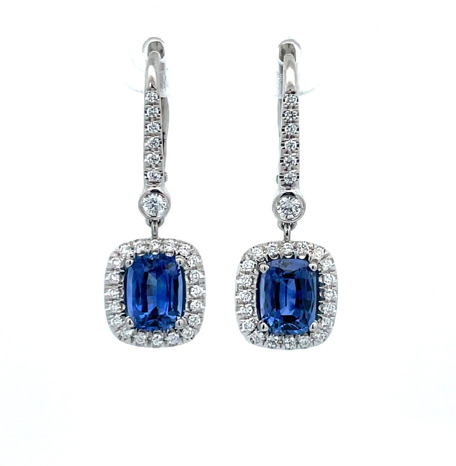 Sapphire and Diamond Halo Leverback Earrings in Platinum