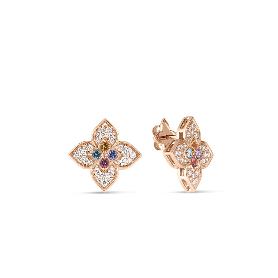 Venetian Princess 0.75ct Diamond and Multi-Color Gemstone Flower Stud Earrings in 18K Rose Gold