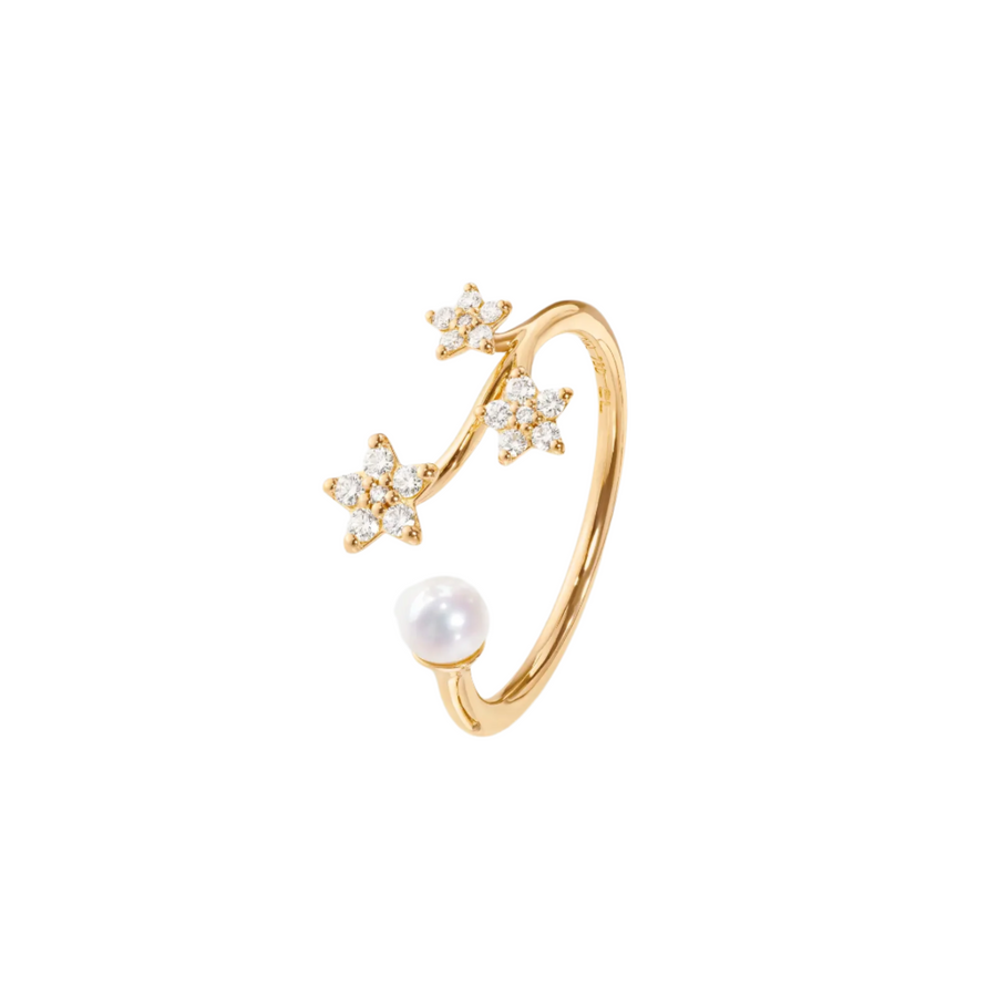 Shooting Stars 0.14ct Diamond and Freshwater Pearl Ring in 18K Yellow Gold, Size 6