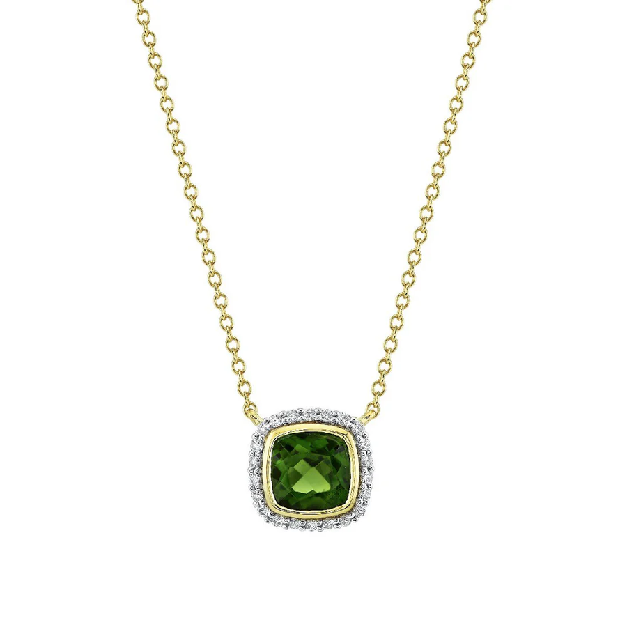 0.95ct Green Tourmaline and 0.11ct Diamond Halo Necklace in 18K Yellow Gold, 16-18"