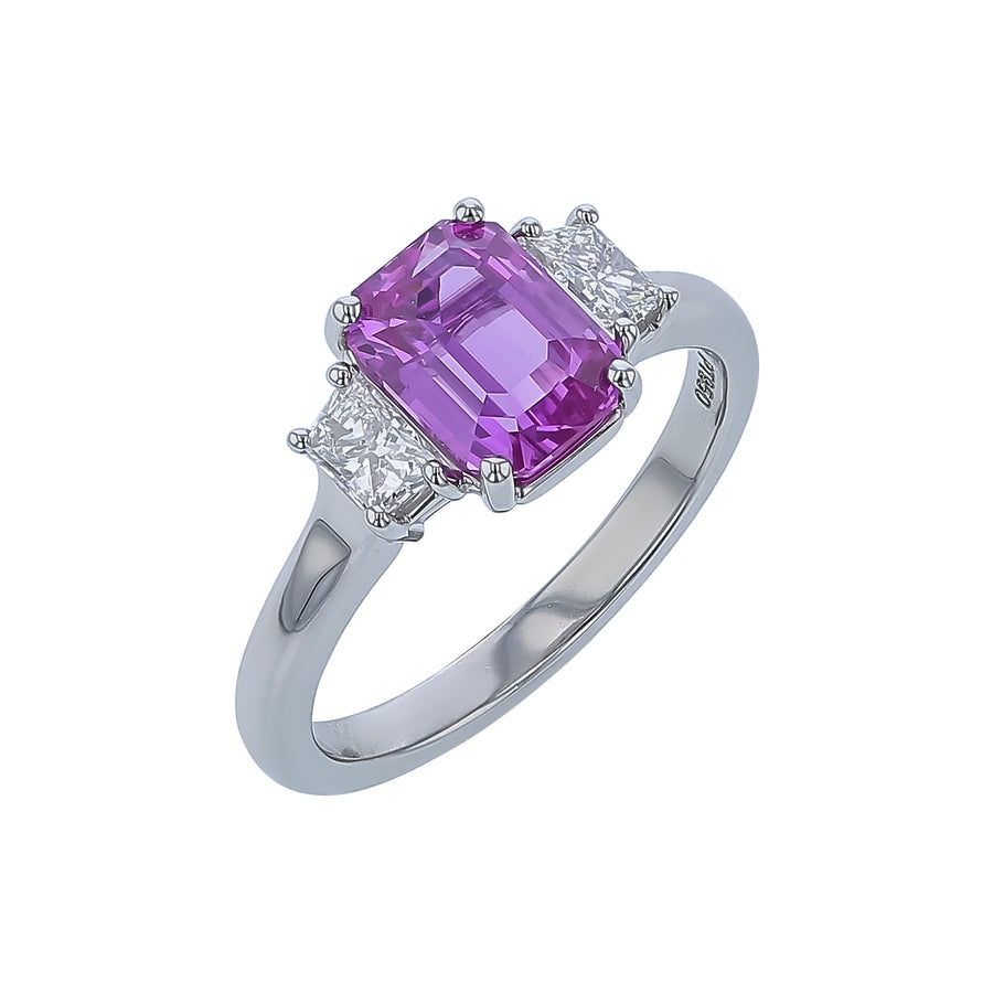 2.07ct Emerald Cut Pink Sapphire and 0.46ct Trapezoid Diamond Ring in Platinum, Size 6.5