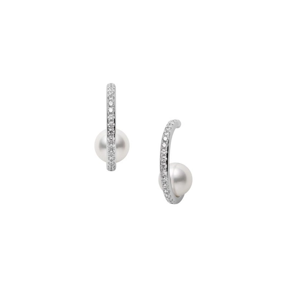 Akoya 7.5mm A+ Pearl and 0.46ct Diamond Hoop Earrings in 18K White Gold