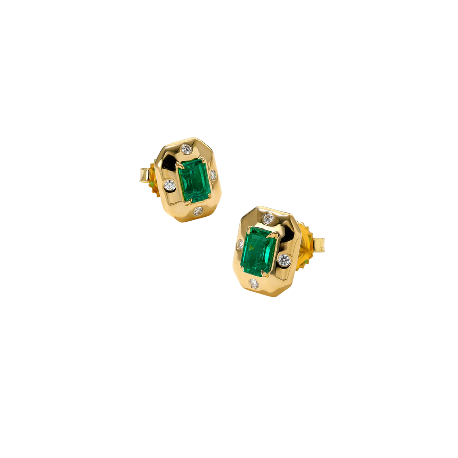 Aurum 1.30ct Emerald and 0.12ct Diamond Stud Earrings in 18K Yellow Gold