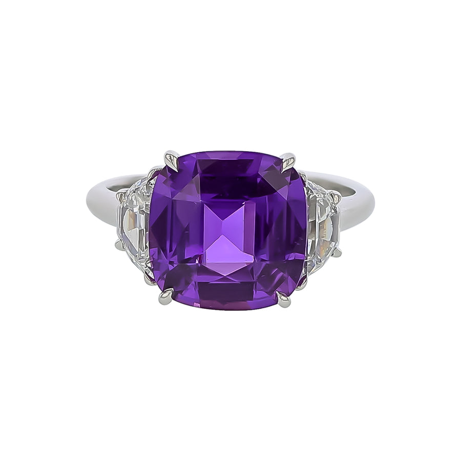 5.15ct Madagascar Purple Sapphire and 0.95ct Halfmoon Diamond Ring in Platinum, size 6.25