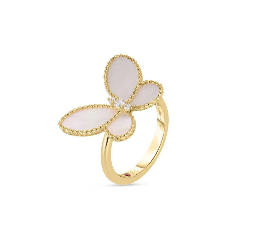Jasmine 0.07ct Diamond and 1.85ct Mother of Pearl Butterfly Ring in 18K Yellow Gold, Size 6.5