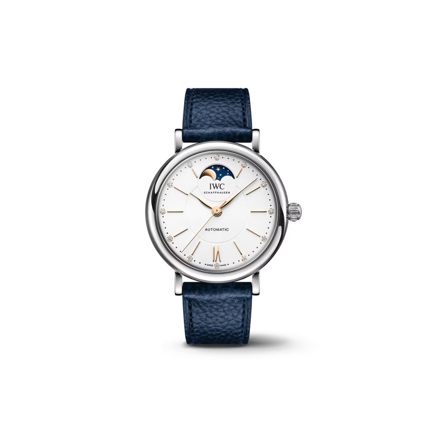 37mm Portofino Automatic Moon Phase Watch with Silver Plated Dial in Stainless Steel, Strap