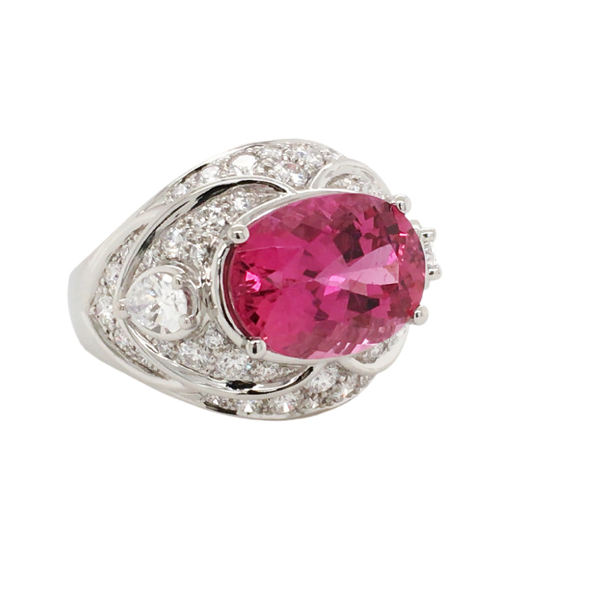 5.43ct Oval Rubellite and 1.47ct Pear and Round Diamond Ring in Platinum Size 6.5