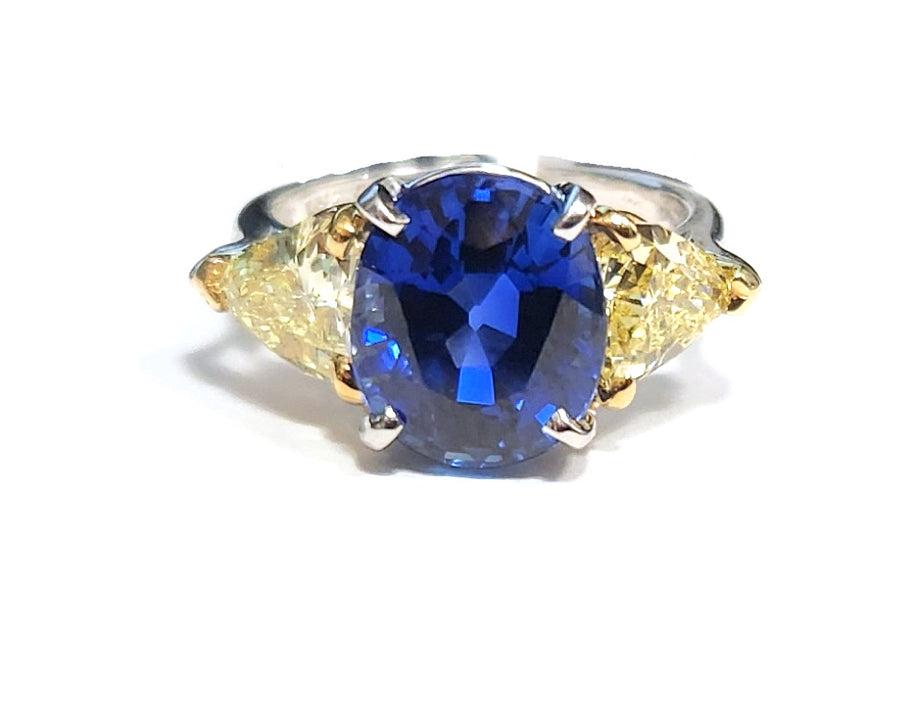 Burma Oval Sapphire and Fancy Yellow Trillion Cut Diamond Ring in Platinum and 18K Yellow Gold