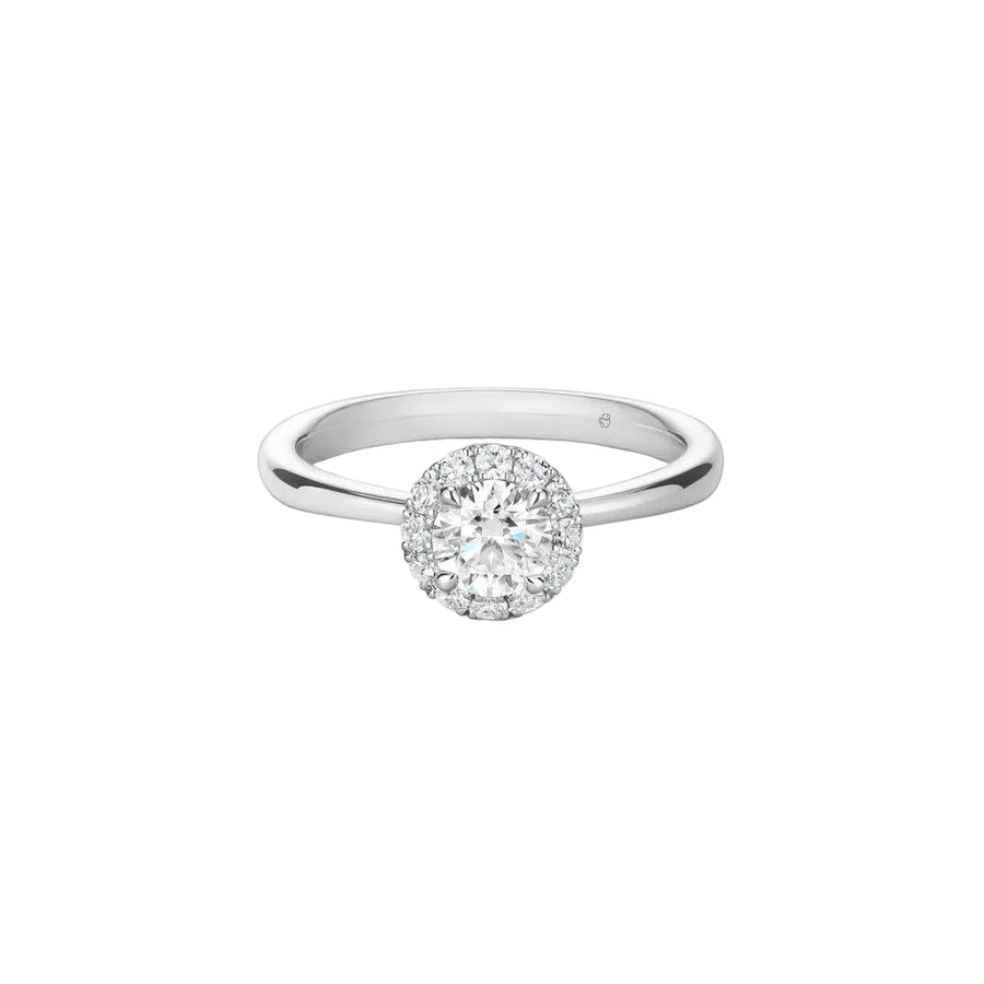 Vela 0.71ct Round Brilliant Diamond and 1.00ct Diamond Halo Ring in Platinum, size 6.5