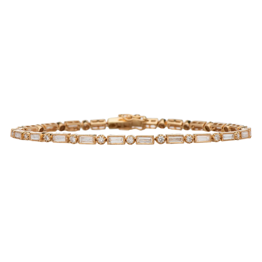 Lucy 2.59ct Baguette and Round Diamond Alternating Line Bracelet in 18K Yellow Gold, 7"