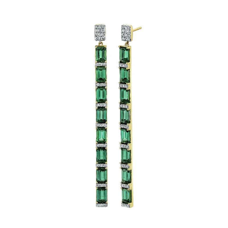 10.08ct Emerald Cut Green Tourmaline and 0.45ct Diamond Drop Earrings in 18K Yellow Gold