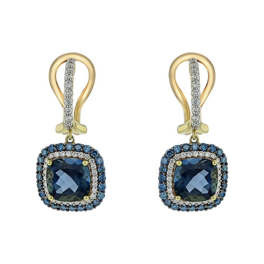 4.97ct Cushion Cut Blue Topaz, 0.48ct Diamond and 0.48ct Blue Diamond Drop Earrings in 18K Yellow Gold
