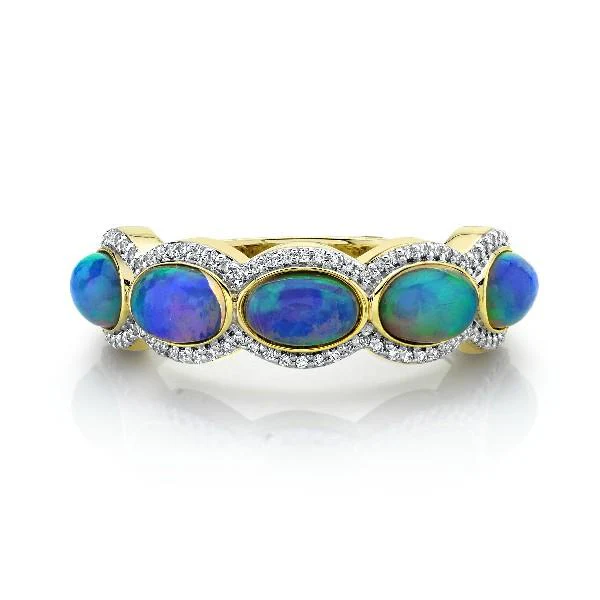 1.37CT Oval Cut Ethiopian Opal and 0.022ct Diamond Halo 5 Stone Ring in 18K Yellow Gold, size 6.5