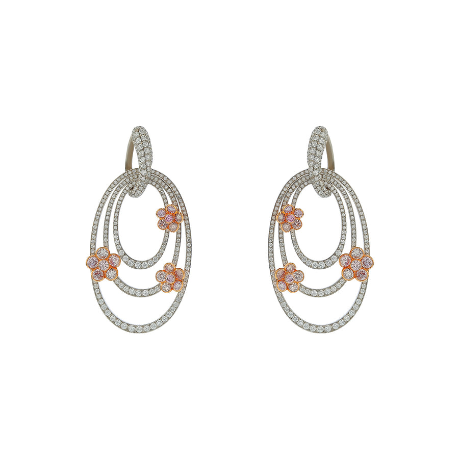 3.93ct Pink Diamond and 3.84ct Diamond Flower Drop Earrings in Platinum and 18K White Gold