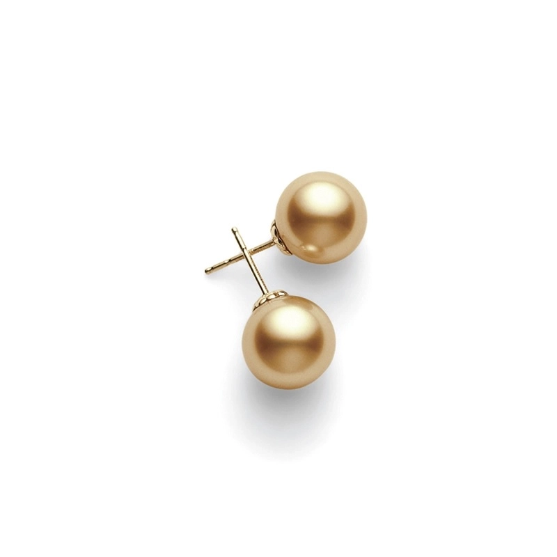 10mm Golden South Sea Pearl A+ Stud Earrings in 18K Yellow Gold