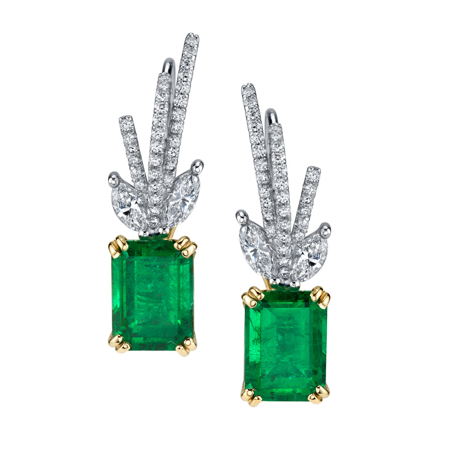 The Vault 4.70ct Emerald Cut Emerald, 0.58ct Marquise Diamond and 0.42ct Round Diamond Drop Earrings in Platinum and 18K Yellow Gold