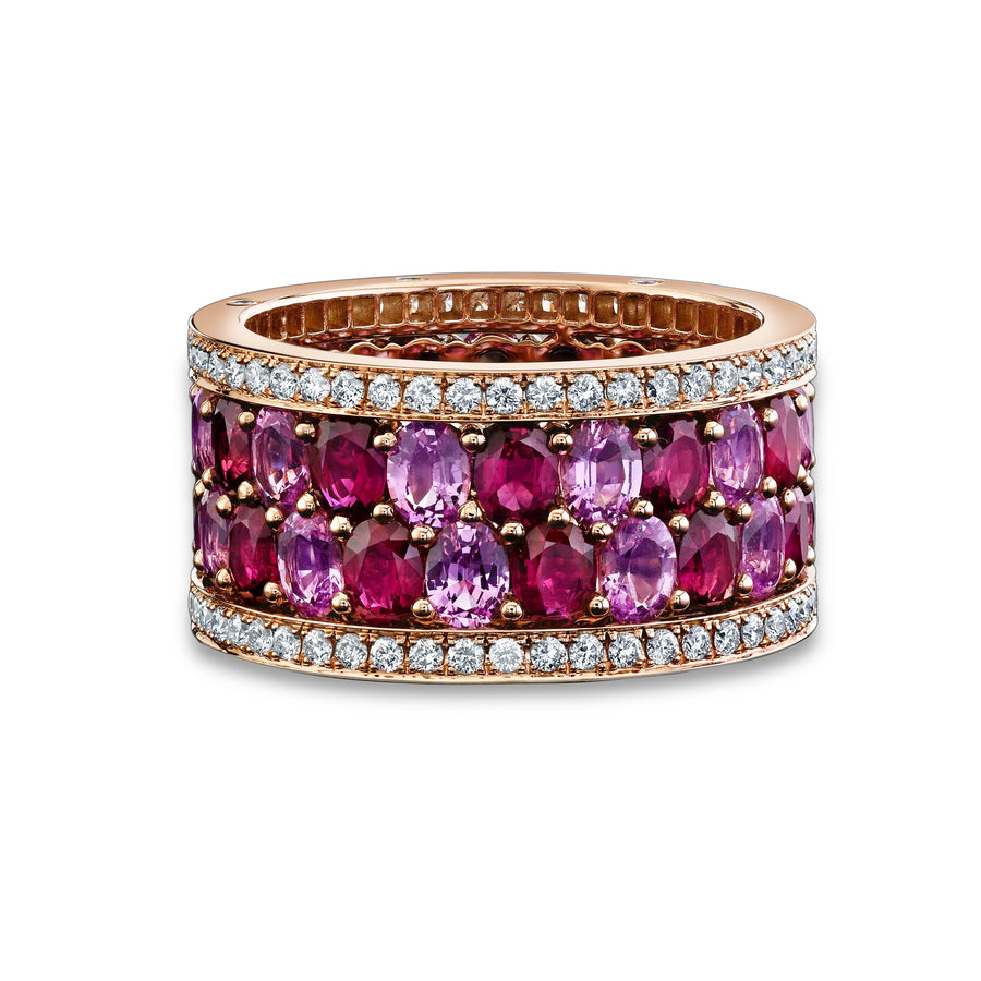 American Glamour 3.82ct Oval Ruby, 3.55ct Oval Pink Sapphire and 0.92ct Round Brilliant Diamond Eternity Ring in 18K Rose Gold, size 6