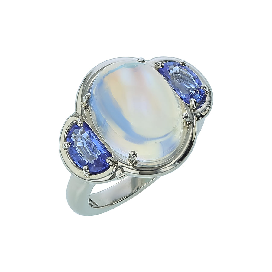 7.82ct Moonstone and 1.30ct Half Moon Diamond Ring in Platinum, Size 6.5