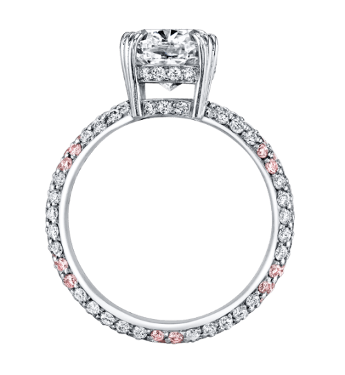 3.04ct Cushion Cut Diamond, 0.78ct Diamond and 0.34ct Diamond Round Diamond Rose Bud Shank Ring in Platinum