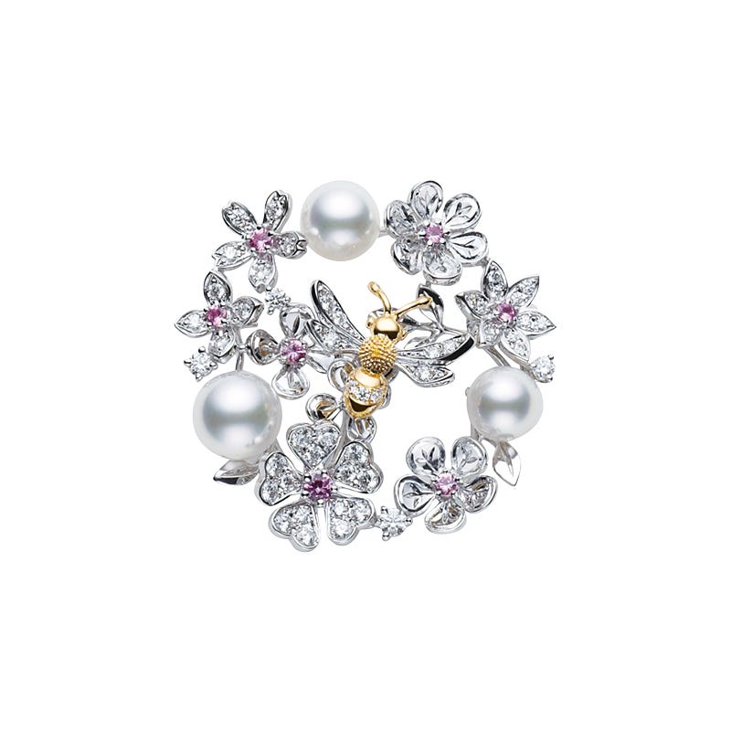 6.5mm Akoya A+ Pearl, 0.61ct Diamond and 0.29ct Pink Sapphire Floral Bee Brooch in 18K White and Yellow Gold