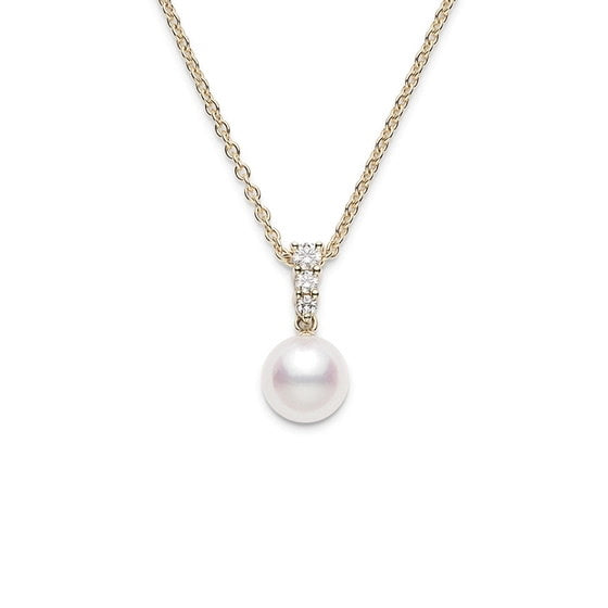 Morning Dew 8mm A+ Akoya Pearl and 0.16ct Diamond Pendant in 18K Yellow Gold, 16-18in chain
