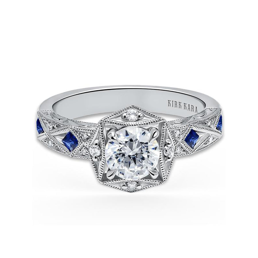 18K Hexagon Halo Princess Cut Blue Sapphire Engagement Ring Setting