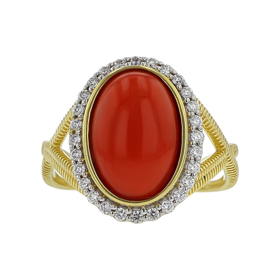 18K Yellow Gold Oval Coral and Diamond Halo Ring