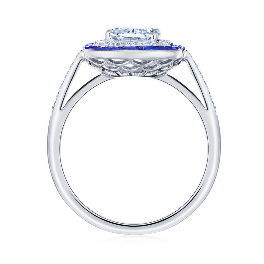 Ashoka Engagement Ring with Sapphire and Diamond Halos