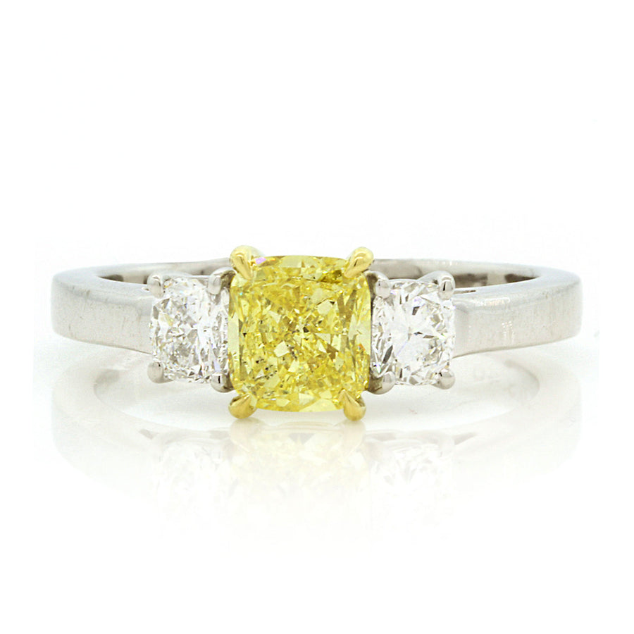 Fancy Intense Yellow Cushion Diamond 3-Stone Ring