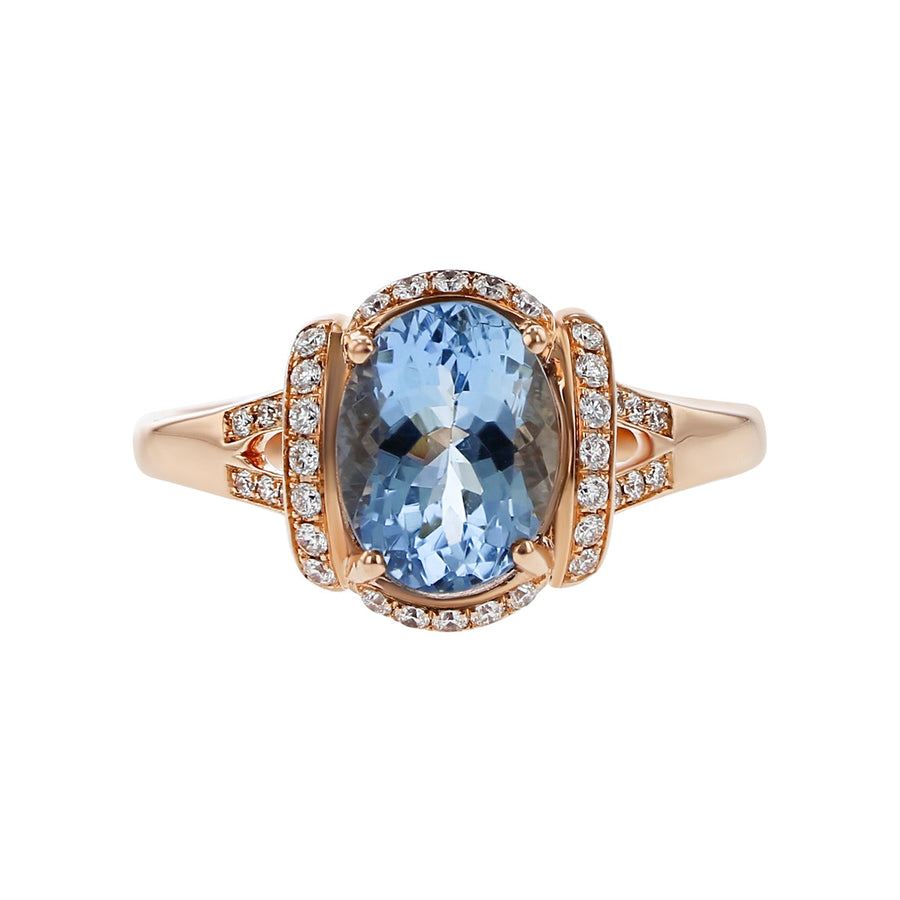 14K Rose Gold Aquamarine and Diamond Halo Ring